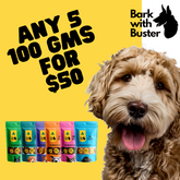 Dog Treats Any 5 x 100 Grams For $50 Australian and Natural from Bark with Buster. A Cavoodle sitting with Bark wit hBuster dog treats
